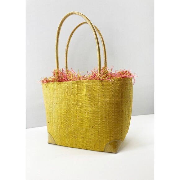 KALOES | Vintage Yellow Straw Bag Raffia Fringe Drawstring Closure Handbag-RARE! - Picture 1 of 8